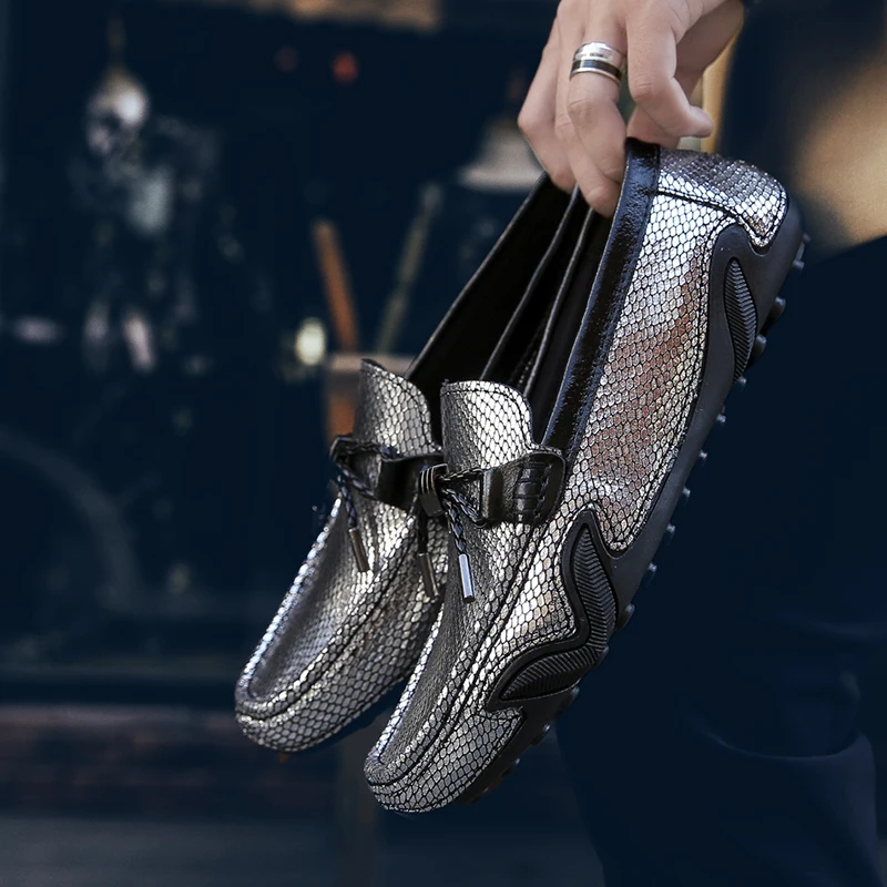Мужская обувь в итальянском стиле; Уличная Повседневная брендовая Роскошная обувь без шнуровки; мужские лоферы; мокасины; Мужская обувь из натуральной кожи; l5 - Цвет: siver