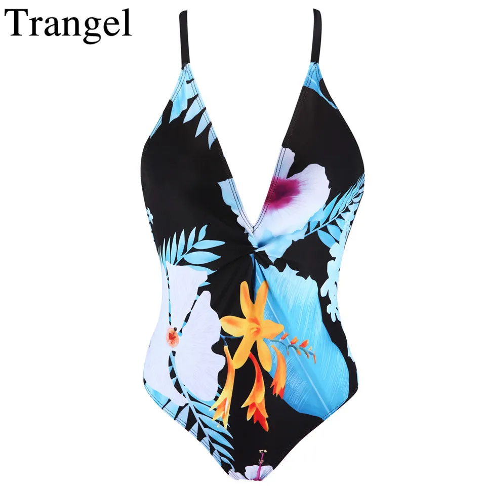 

Trangel floral print swimwear one piece swimsuit women criss cross bathing suit V neck bodysuit girls swimming suit monokini