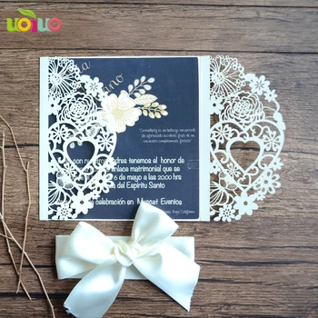 

10set/lot free shipping Wholesale Flower and Heart Laser Cut Wedding Invitation Card with Ribbon Bow