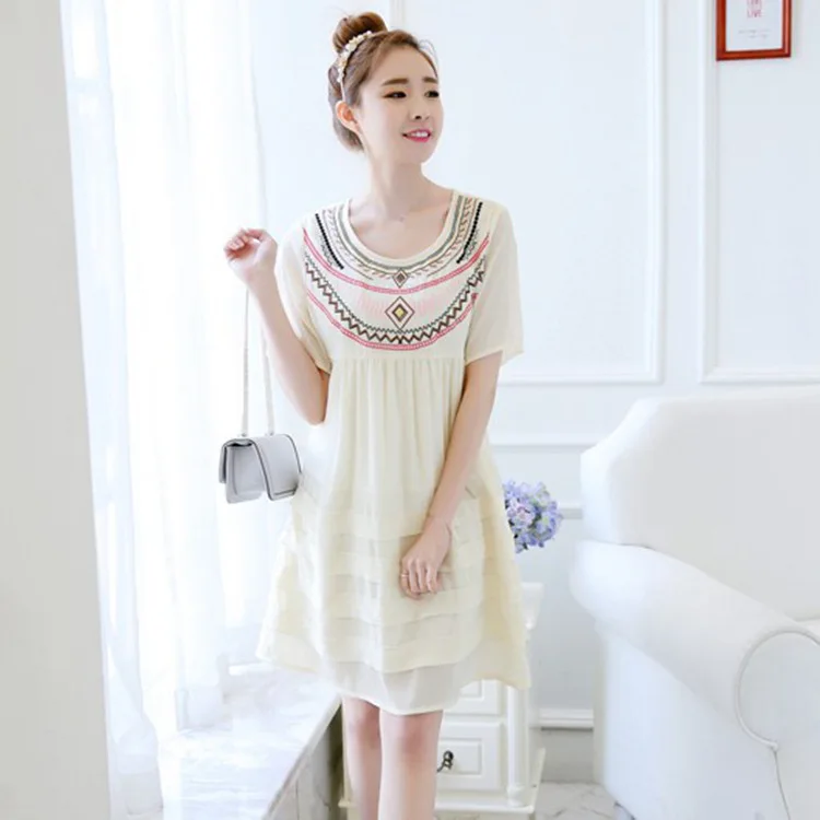 

2017 fashion maternity women Korean summer sweet Chiffon Dress Embroidery short sleeved loose o-neck cute dresses
