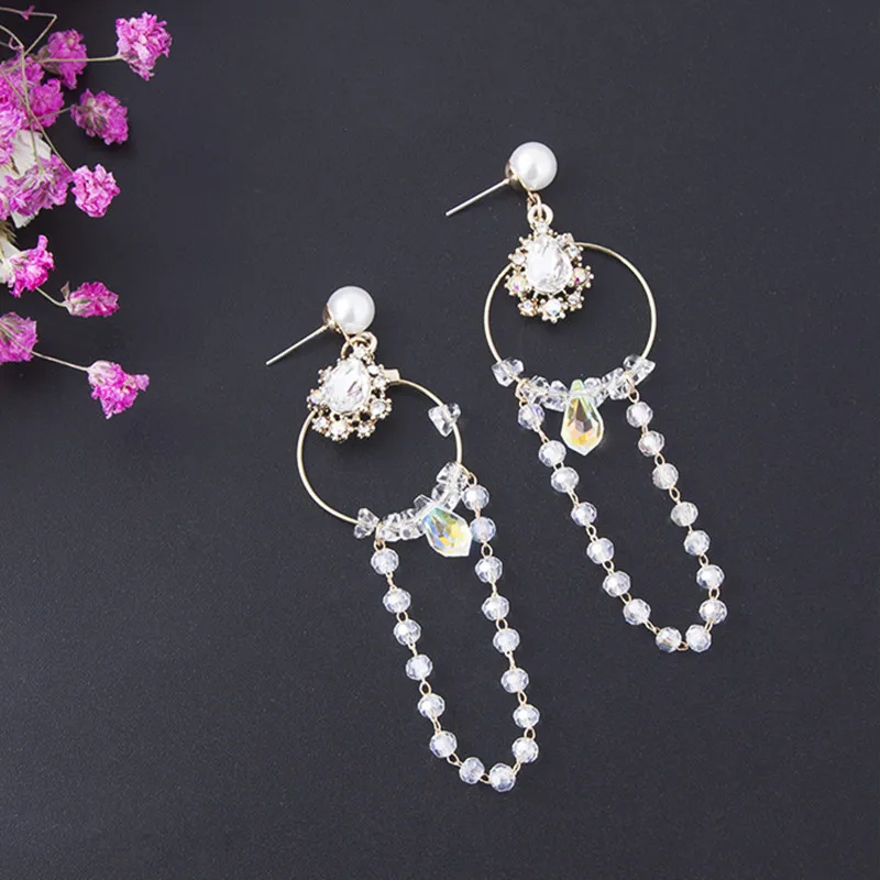 

Korean Fashion Cute Shiny Rhinestone Round Circle Drop Earrings for Women Romantic Style Long Chain Bead Tassel Accessories