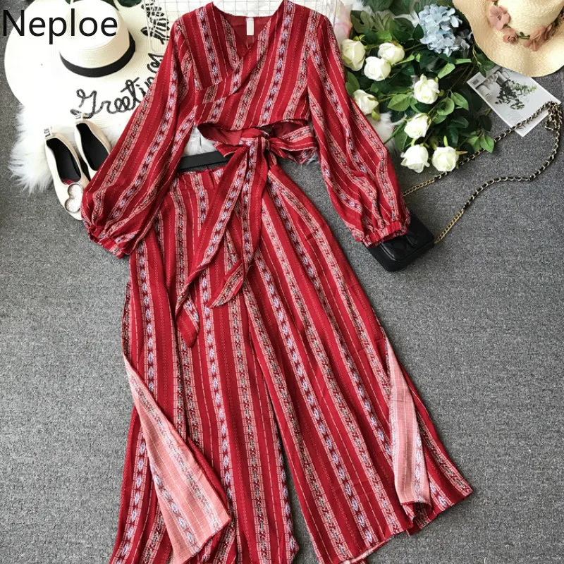 

Neploe Bohemian Print Women Two Piece Set V-Neck Long Sleeve Shirts+Zipper Fly High Waist Full Pants Fashion Suits 44776