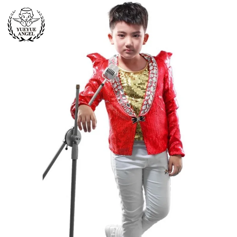 

Childrens Costumes Boy Jacket Student School Street Dance Gold Red Sequins Baby Coat Kids Jazz Long Sleeve Formal Boys Outerwear