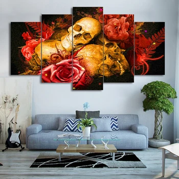 

Printed Modular Rose Picture Large Canvas Painting Poster 5 Panel Skull For Bedroom Living Room Home Wall Art Decoration