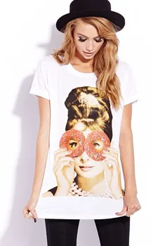 

F1758 Summer Fashion Women T-shirt Donut Glasses Funny Print Tees Casual White Tops