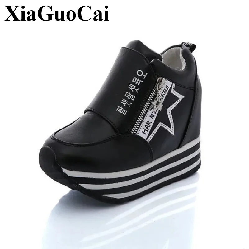 

Fashion Women Flat Platform Shoes Korea Style Casual Shoes Hight Increasing Side Zipper Soft Breathable Waterproof Pu Sneakers