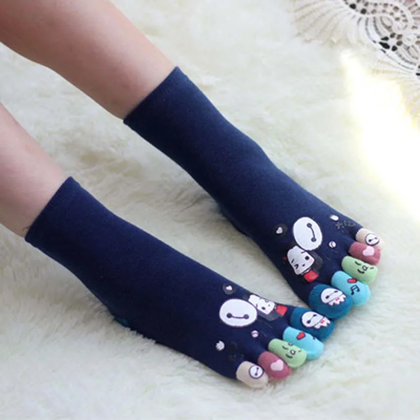 

Funny funky long women socks Cotton Five fingers sock Cute Cartoon Baymax Solid color 5 Toes Socks A pair For Girls or women