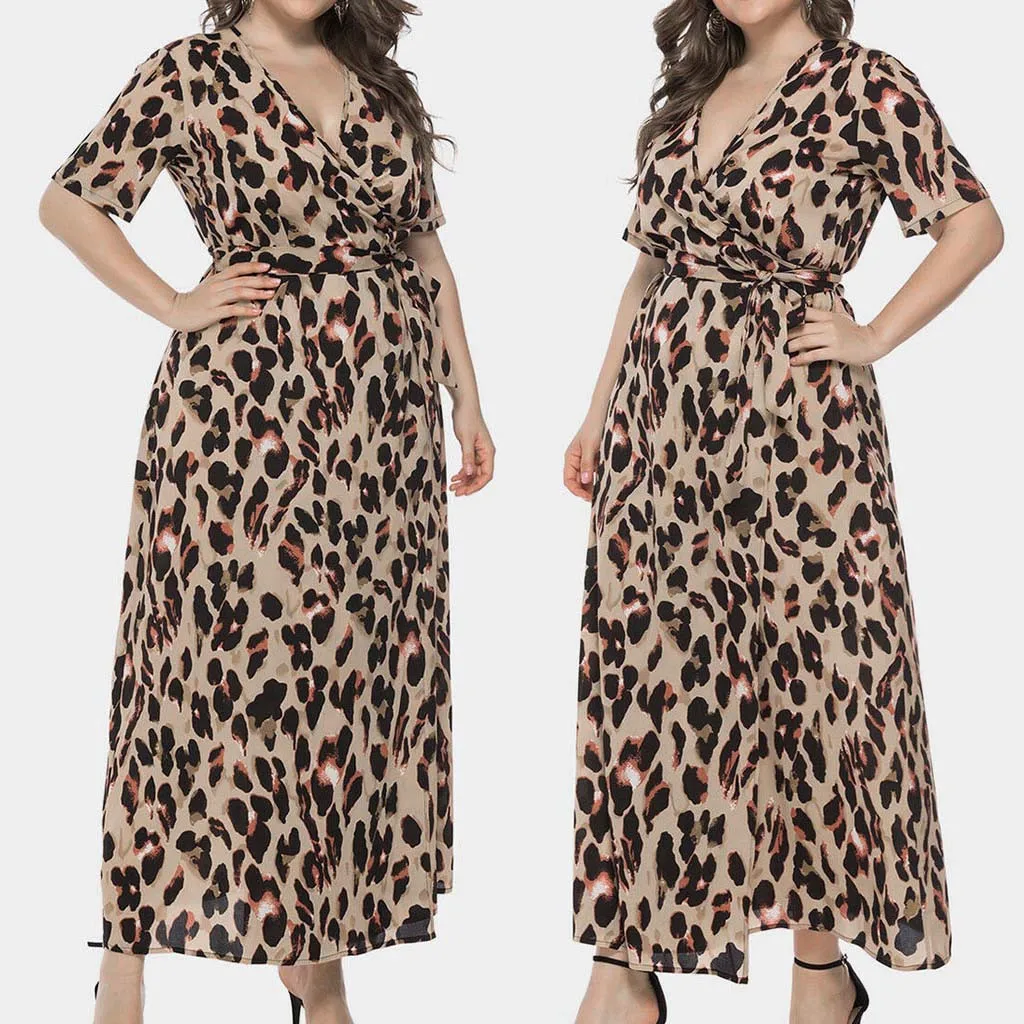

2019 Women Loose Dress Sexy Strap Summer sale Fashion Women Sexy Plus Size Leopard Print Short Sleeve V-Neck Long Dress XL-5XL