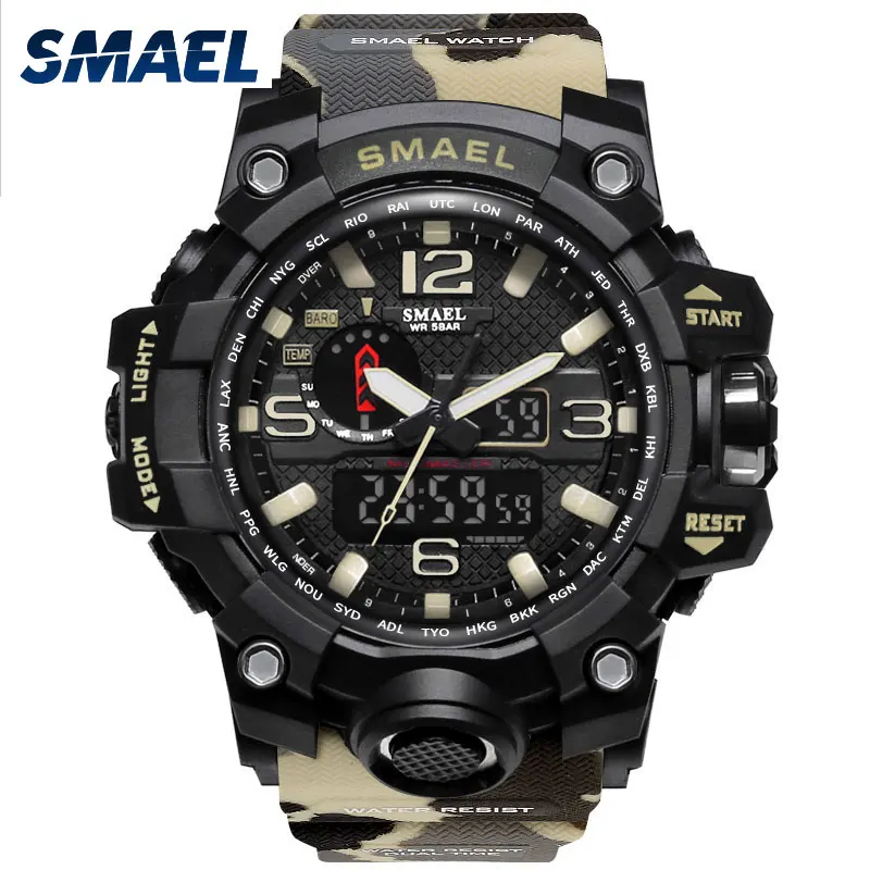 SMAEL Brand Men Watch Dual Time Camouflage Military Watch Digital Watch LED Wristwatch 50M Waterpro