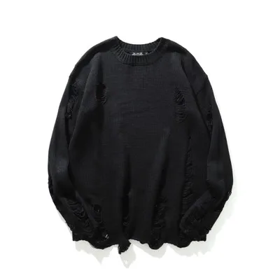 Streetwear korean clothes Men Autumn New Ripped Holes Solid designer Sweater Vintage Oversized Warm Wool Pullovers Sweater - Цвет: B6001 black