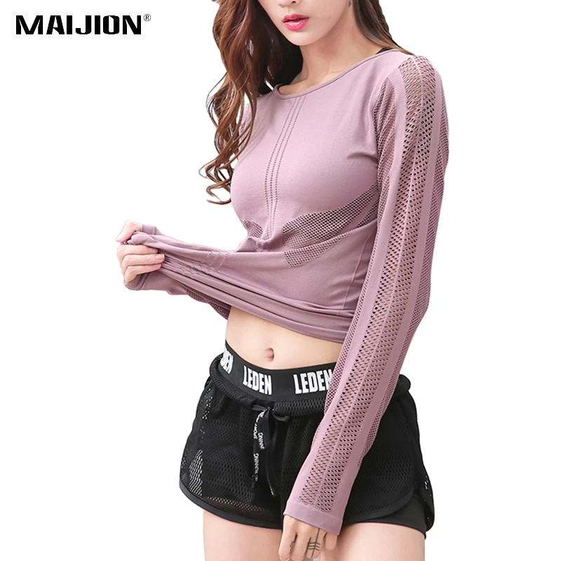 

MAIJION Elastic Hollow-out Yoga Shirt Solid Color Tops Women Quick-dry Soft Running Fitness Clothing Breathable Crop Top Ladies