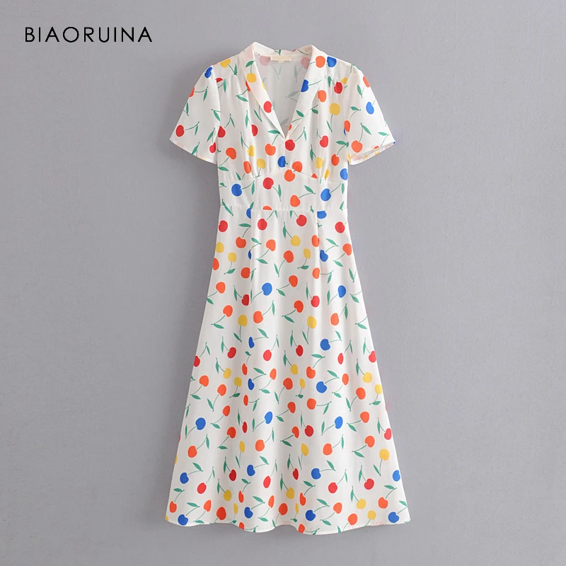 

BIAORUINA Women Fashion Fruits Printing Midi Dress Female Casual V-neck All-match Dress Short Sleeve Summer Holiday Beach Dress