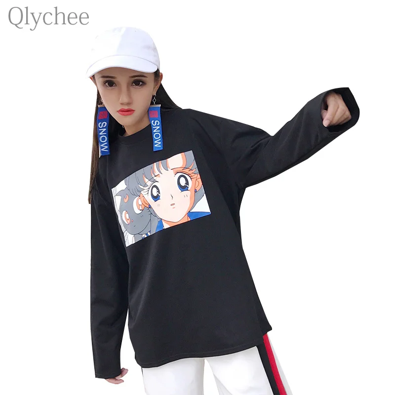 

Japanese Cartoon Anime Sailor Moon Luna Cat Print T shirt Autumn Women Streetwear Harajuku Casual Loose Tee Top