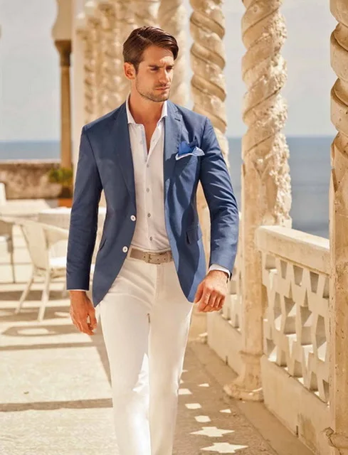 Повседневные мужские дизайнерские костюмы, летние пляжные свадебные костюмы для мужчин, синий Блейзер, белые брюки, 2 штуки, уличный костюм для выпускного, Лучший мужской костюм, новинка