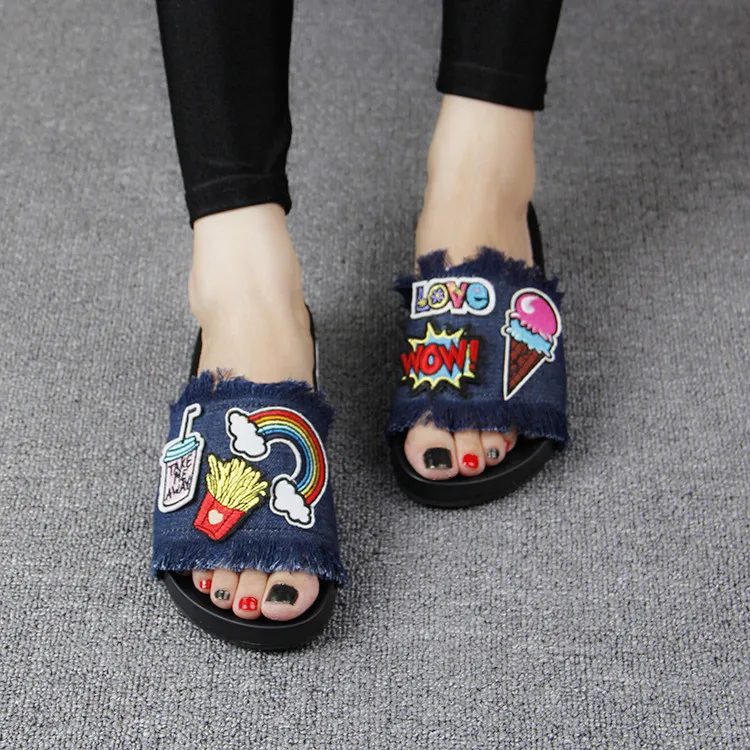 New Womens Sandal Styles Cartoon Patch Embroidery Tassel Flat With Open-toed Slip Holiday Shoes 2016 Comfort Cheap Slippers45