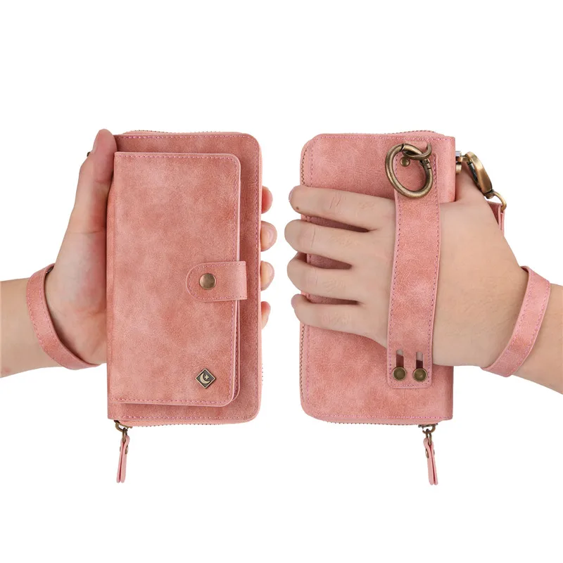 Роскошный Съемный кожаный чехол на молнии с отделением для карт для iPhone 11 Pro XS Max XR X 8 7 6 6S Plus многофункциональная сумка - Цвет: PU-pink