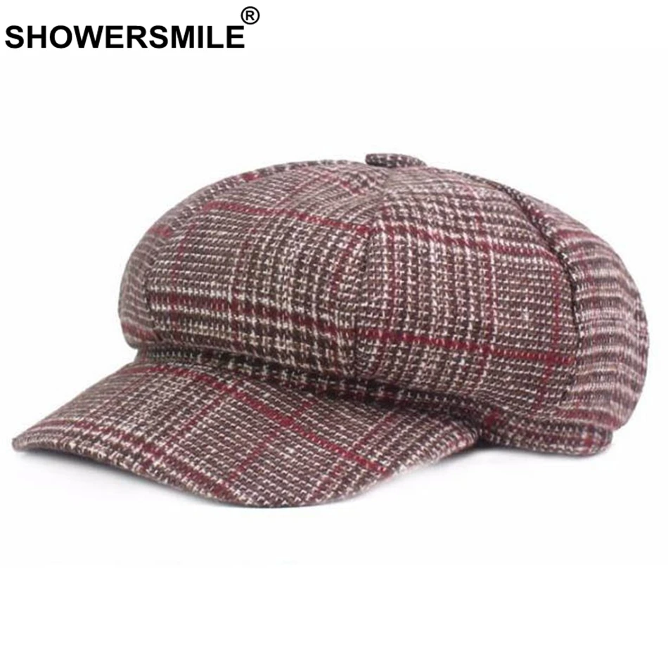 SHOWERSMILE Plaid Newsboy Caps Women Cotton Checkered Octagonal Hat Female Houndstooth Flat Cap