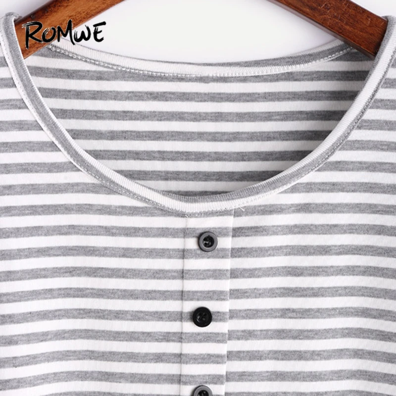 ROMWE T shirt Women Crop Top Ladies Summer Tee Shirt Contrast Striped Round Neck Short Sleeve Crop T-shirt With Buttons