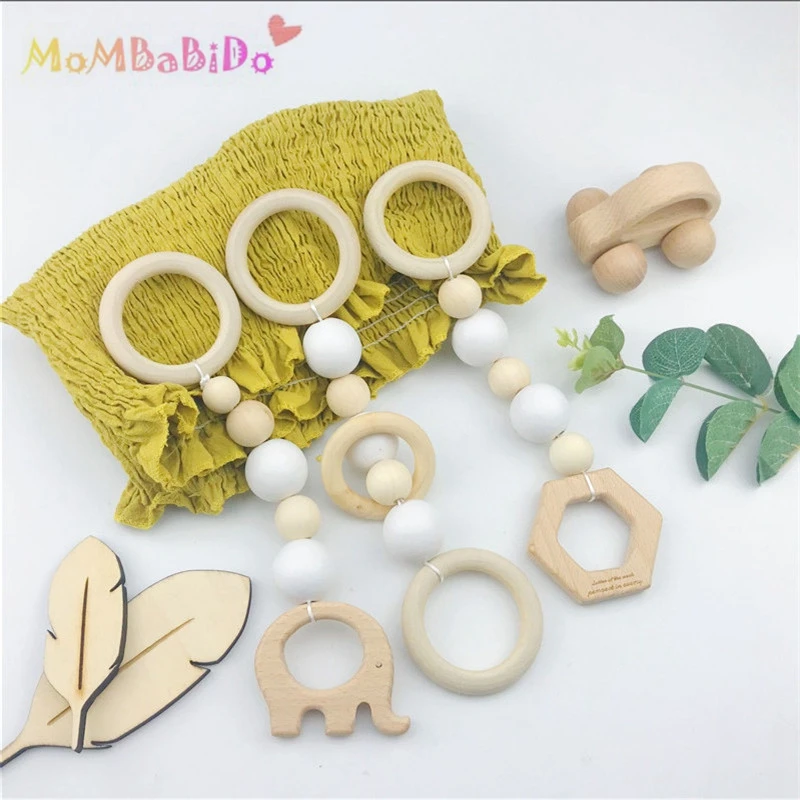 wonderful 3Pcs Wood Baby Play Gym Can Chew Beech Baby Teething Beads Wooden Shower Gift Bed Toys Child Teethe