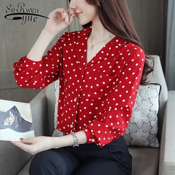 

2019 Spring chiffon wave point women shirts vintage womens tops and blouses long sleeves women clothing feminine blouse 1753 50