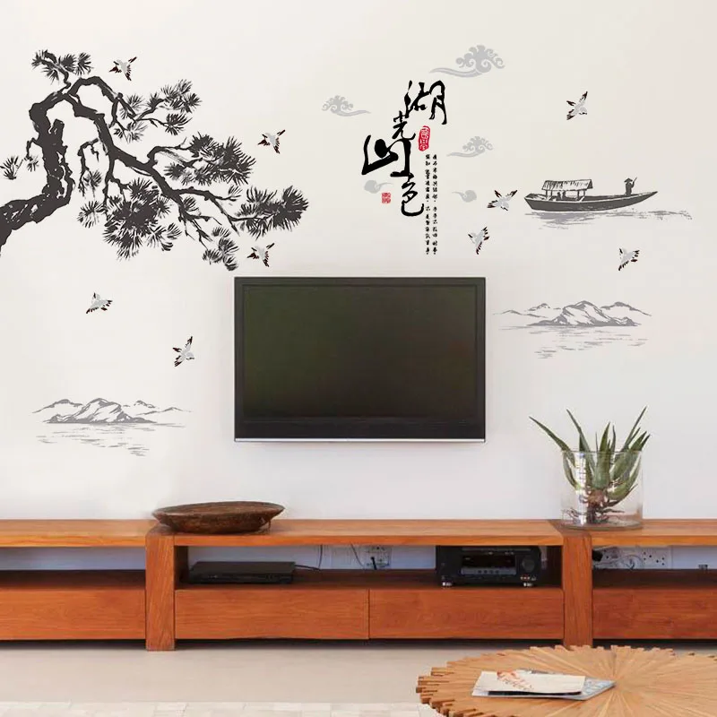 [Fundecor] наклейки на стену в китайском стиле, пейзаж озёр, горы, художественная роспись, наклейки, Фреска для гостиной, спальни, украшение для дома