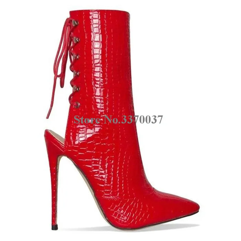 Для женщин бренд острый носок с узором; кожаные сапоги на шпильке тонкий каблук короткие ботинки-гладиаторы со шнуровкой, со шнуровкой и вырезами, ботильоны на высоком каблуке - Цвет: as picture