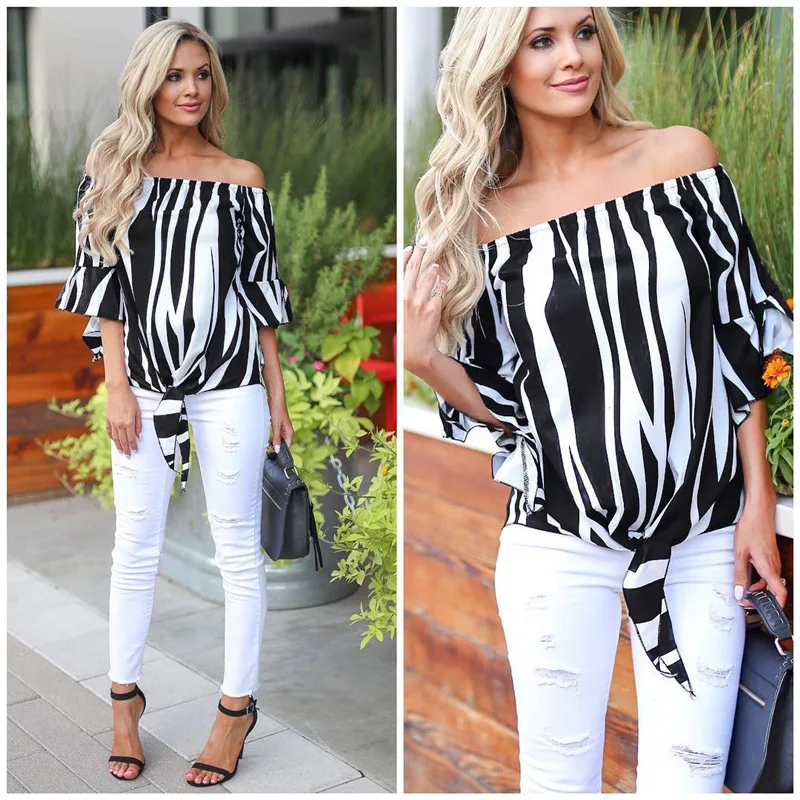 Fashion Shirts Women Blouses Women ' s Tops Casual Half Sleeve Off Shoulder Bandage Stripe Printed Tops Haut Femme
