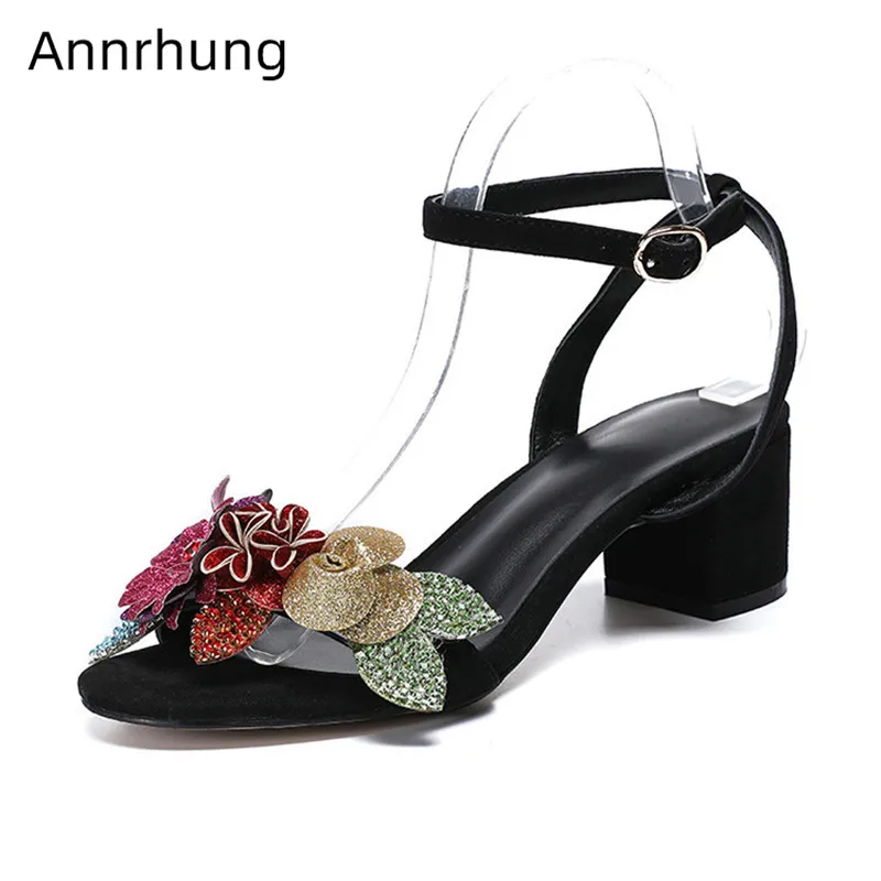 

Bling Flower Sandals Square Heels Summer Shoes Woman Peep Toe One Strap Ankle Buckle Shoes Chunky Heel Glitter Flower Sandalias