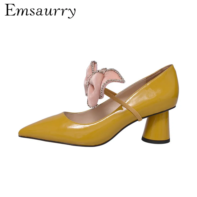 

New Pointed Toe Pumps Women Round Heel Leather Prom Party Shoes Pink Jewelled Butterfly-knot Heels Women Chaussure Femme