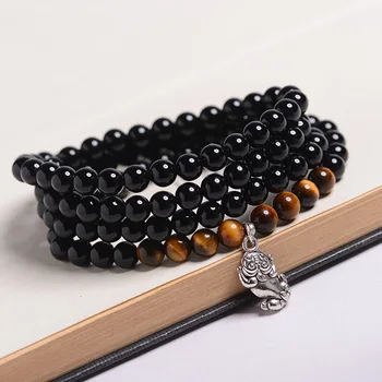 

Natural Obsidian Stone Tiger Eye Stone 108 Beads Mala Prayer Beads with Pixiu Pendant Black Color For Men and Women Jewelry