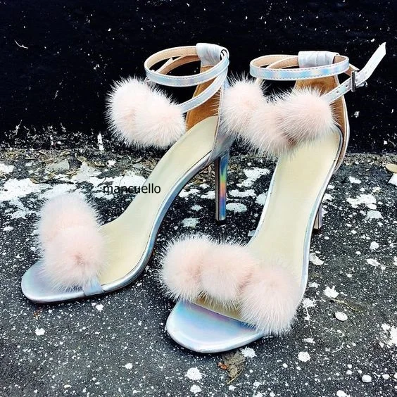 

Stylish Fur Pompom Decoration Strappy Stiletto Heels Dress Sandals Women Cute Fur Balls Buckle Sandals Girls Dress Shoes HeoSell