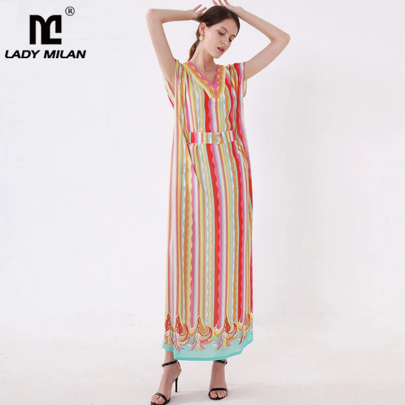 

2019 Women's Runway Dresses V Neck Short Sleeves Striped Printed Loose Designer Casual Holiday Summer Dresses