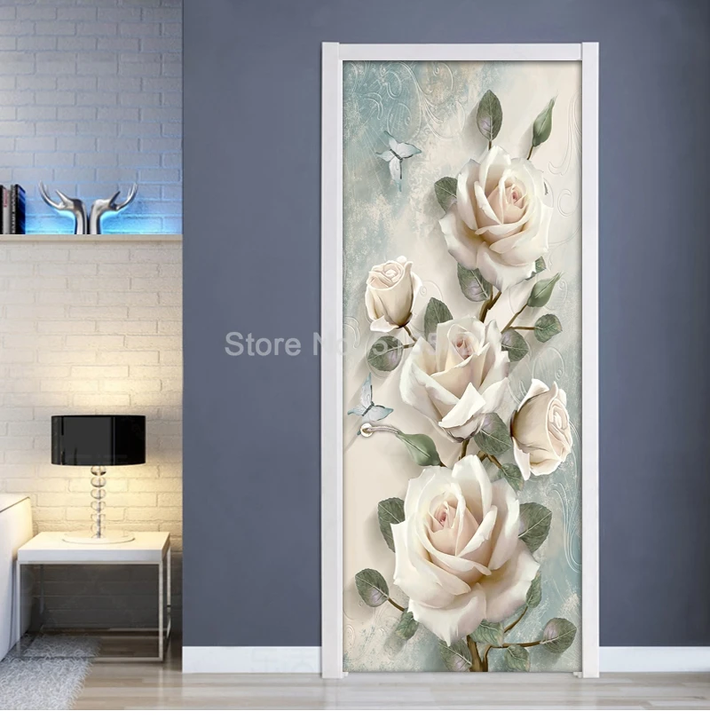 Creative 3D Flowers Door Sticker Home Decor Wall Decals DIY Self Adhesive Door Wallpaper PVC Waterproof Mural Bedroom Decoration