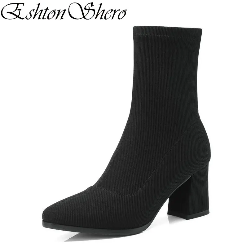 

EshtonShero Autumn Shoes Woman Ankle Boot Knitting High Heels Slip On Pointed Toe Ladies Motorcycle Sock Boots Size 34-42