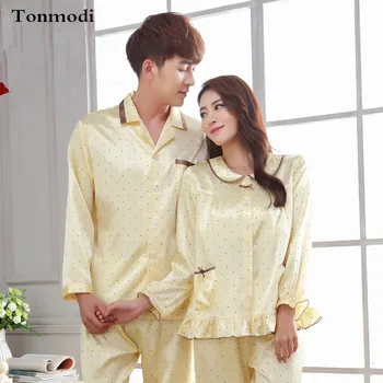 

NEW Luxury Couples Pajama Set Long sleeve Silk Sleepwear Polka Dot lovers Men And Women Silk Satin Lounge Pajamas
