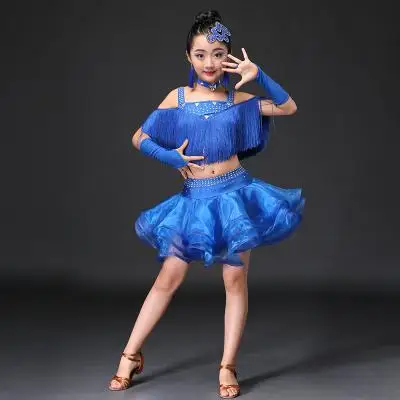 Детское платье с блестками и кисточками для латинских танцев; платье для девочек; сальса, ча, ча, Самба; вечерние платья для занятий гимнастикой; костюмы для танцев - Цвет: blue