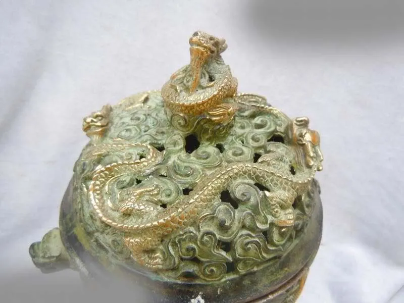 

DS China copper bronze gild carved dragon Incense Burner Sculpture Statue