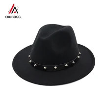 QIUBOSS унисекс женское теплое меховое пальто группа заклепки Sombrero шерсть войлочная одежда Мужские Женские шапки плоские джазования с полями шляпка для официальных мероприятий Панама Gambler Trilby