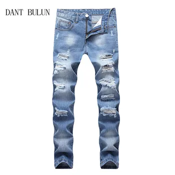 

2020 Brand Designer Men Ripped Jeans Pants Slim Fit Blue Denim Joggers Man Distressed Destroyed Pants Dropshipping