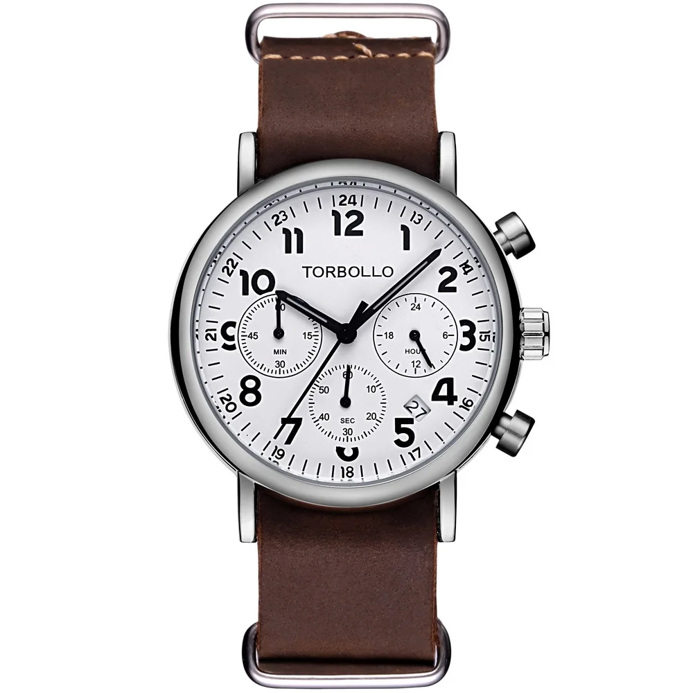 

High Quality Genuine Leather Quartz Chronograph Watch Multifunction Men Wrist Watch White Clock