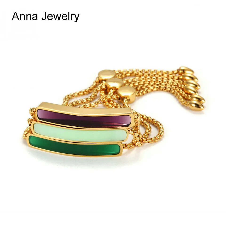 

New Color Shiny Crystal Bar Charm Bracelet Stainless Steel Figaro Chain with Slim Bar Adjustable Tassel Chain Bracelet For Women