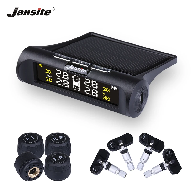 Jansite Car TPMS Tire Pressure Monitoring System Solar Charging HD Digital LCD Display Auto Alarm System Wireless With 4 Sensor
