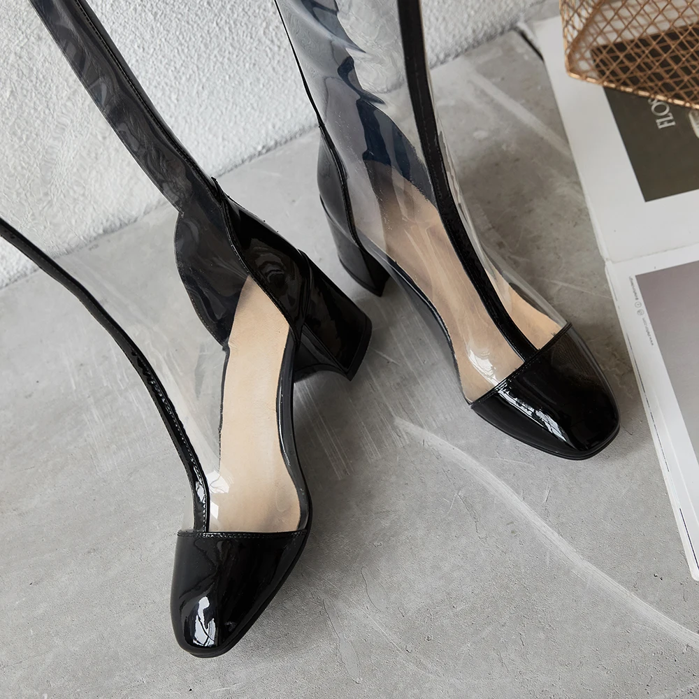 Новые Прозрачные ботинки из ПВХ; Модные Дизайнерские ботильоны с круглым носком на массивном каблуке; женская обувь с квадратным носком; Размеры 33-41