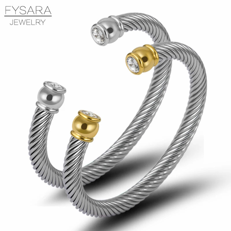 FYSARA серебряные мужские панк эластичный браслет из нержавеющей стали крутить проволоку кристаллы Браслет-манжета и браслет для женщин аксессуары
