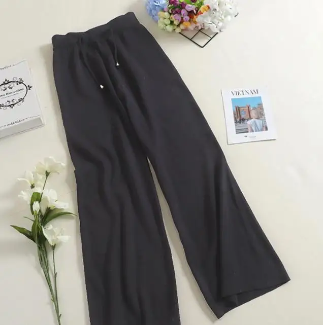 Модные корейские женские брюки на осень и зиму, вязаные Широкие штаны на завязках, эластичные женские повседневные свободные штаны с высокой талией, SF1701 - Цвет: Черный