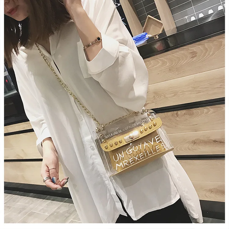 Womens Candy Color PVC Transparent Crossbody Bag 2pcs sets Rivets Letter Print Messenger Bags Fashion Girls Clear Chain Tote bag (14)