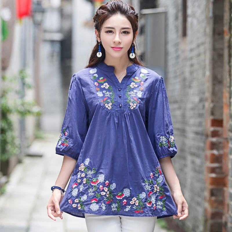 Plus size women clothing ethnic shirt Chinese traditional embroidery top 2018 female bohemian