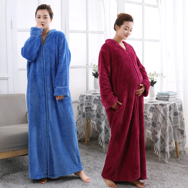 Women Plus Size Thickening Flannel Extra Long Thermal Bathrobe Lovers Zipper V Neck Winter Warm
