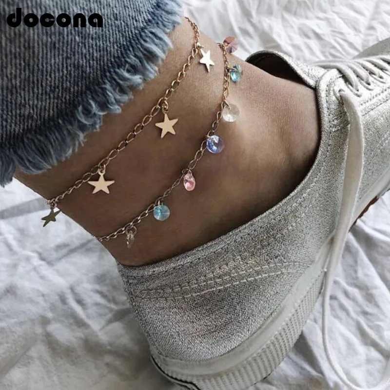 

Docona Beach Inlay Colorful Crystal Rhinestone Star Layered Anklets For Women Boho Metal Gold Color Chain Bracelet Pulseras 6994