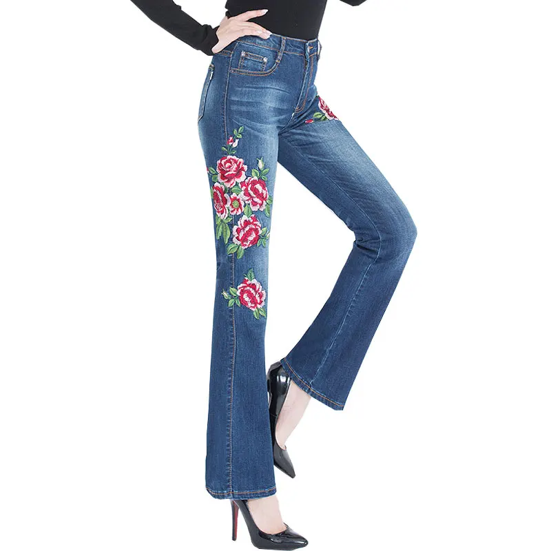 New Woman Jeans Bell Bottom Jeans Embroidered High Stretch Womens Flared Pants Ladies Flowers
